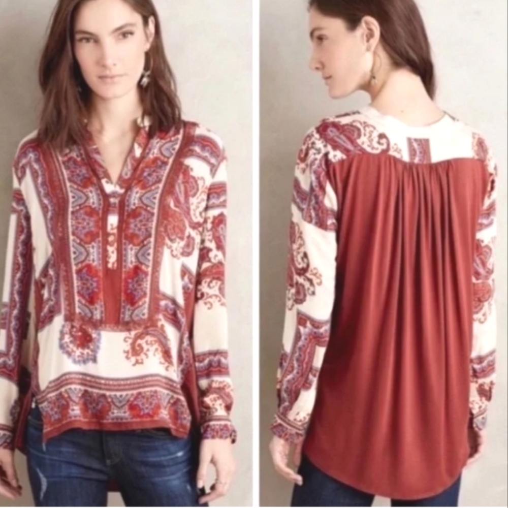 Anthropologie Tiny Red and White Paisley Blouse, Size S